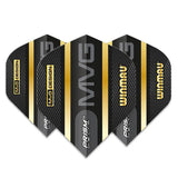 Three MVG Black & Gold Prism Delta No.2 dart flights fanned on white background, showcasing premium 100 micron material and bold graphics
