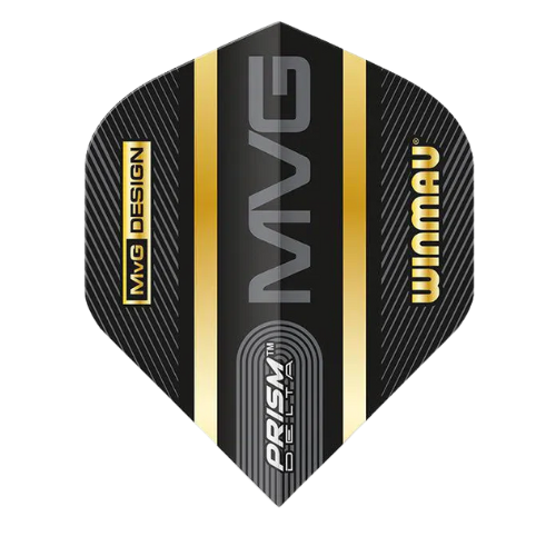 Single MVG Black & Gold Prism Delta No.2 dart flight, full view, isolated on white, highlighting gold accents and prism texture design