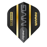 Single MVG Black & Gold Prism Delta No.2 dart flight, full view, isolated on white, highlighting gold accents and prism texture design