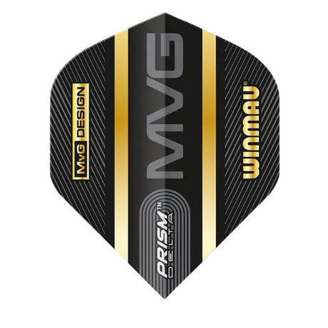 Single MVG Black & Gold Prism Delta No.2 dart flight, full view, isolated on white, highlighting gold accents and prism texture design