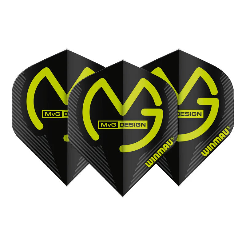 Set of three MVG black and green mega standard dart flights displayed fanned on white background, featuring bold modern design