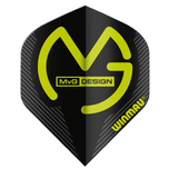 Mega standard dart flight in black with neon green MVG design, full front view on white background, highlighting bold graphics