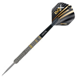 Single EvoX 90% tungsten dart full view angled on white background, featuring precision grip, Vecta shaft, and black-gold flight.