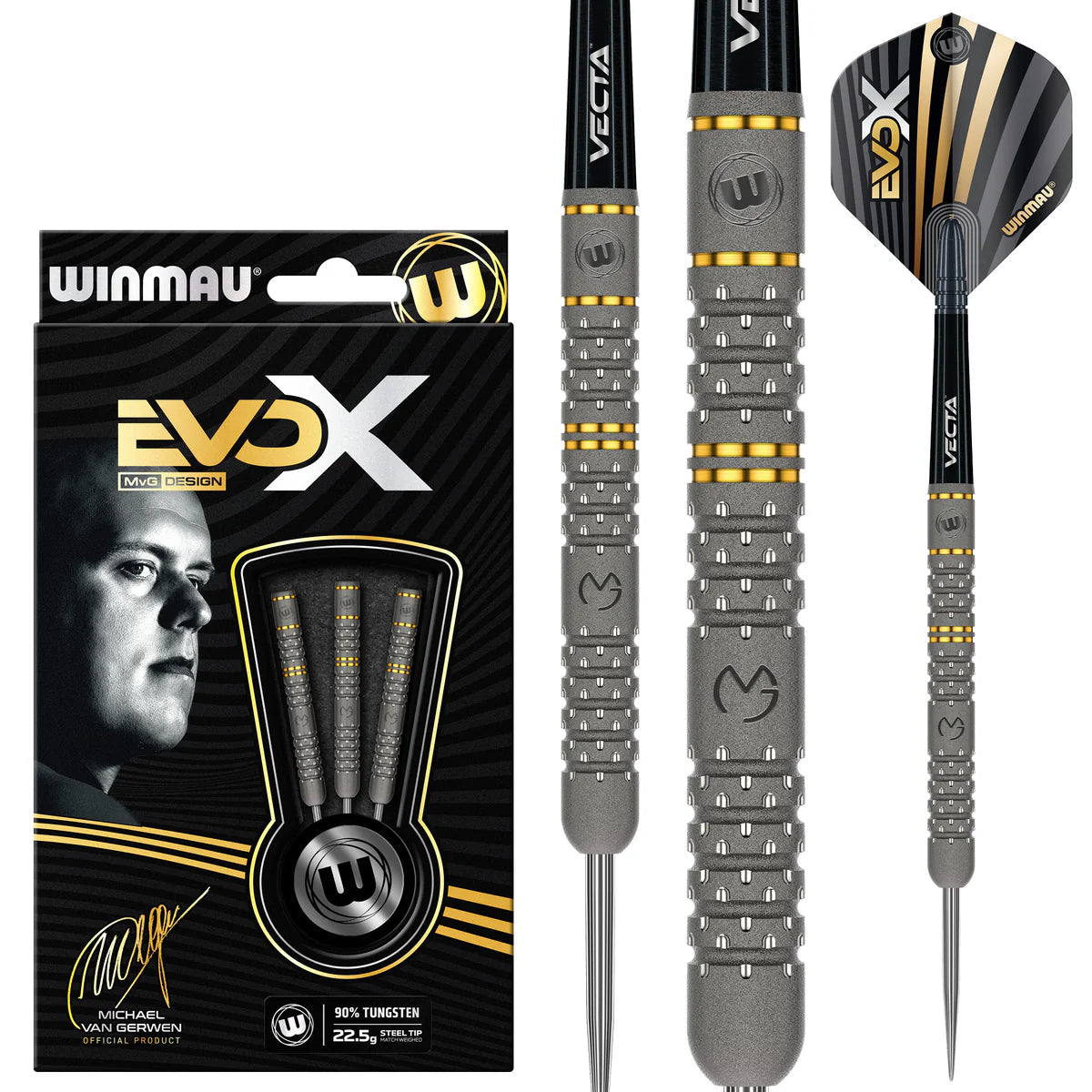 Full view of 90% tungsten darts with textured grip, gold accent rings, MVG engraving, and retail packaging for steel tip darts