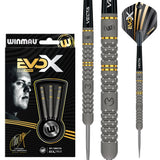 Full view of 90% tungsten darts with textured grip, gold accent rings, MVG engraving, and retail packaging for steel tip darts