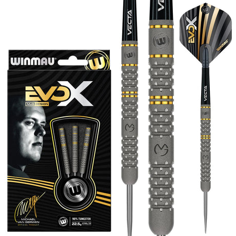 Full view of 90% tungsten darts with textured grip, gold accent rings, MVG engraving, and retail packaging for steel tip darts
