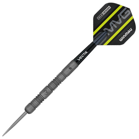 Full view steel-tip tungsten dart with precision grip rings and MVG branded flight, isolated on white background.