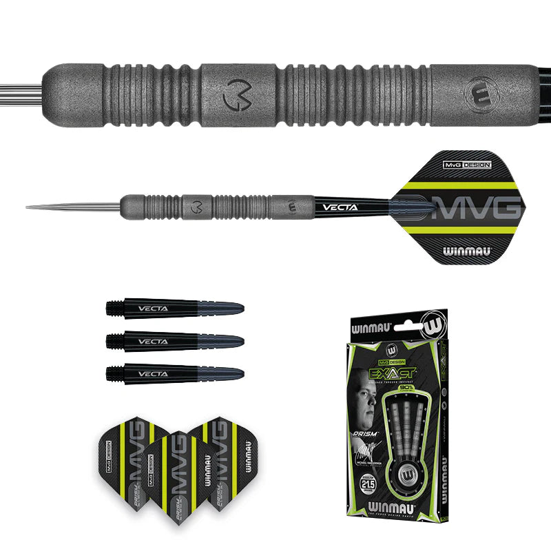 Winmau MVG Exact tungsten darts full view with close-up barrel detail, spare stems, flights, and retail box on white background