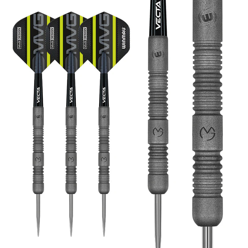MVG Exact 90% tungsten darts set showing full barrel grip detail and engraved logo, close-up and standard views on white background