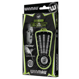 Angled view of MVG Exact 90% tungsten darts in retail packaging showing 21.5g steel tips and precision grip barrel design