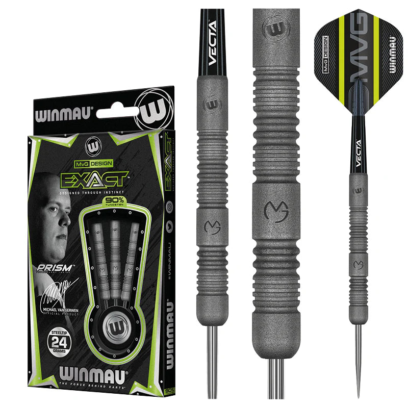 MVG Exact 90% tungsten steel tip darts full product view with packaging, close-up of precision grip barrel, Vecta shaft, and MVG flight.