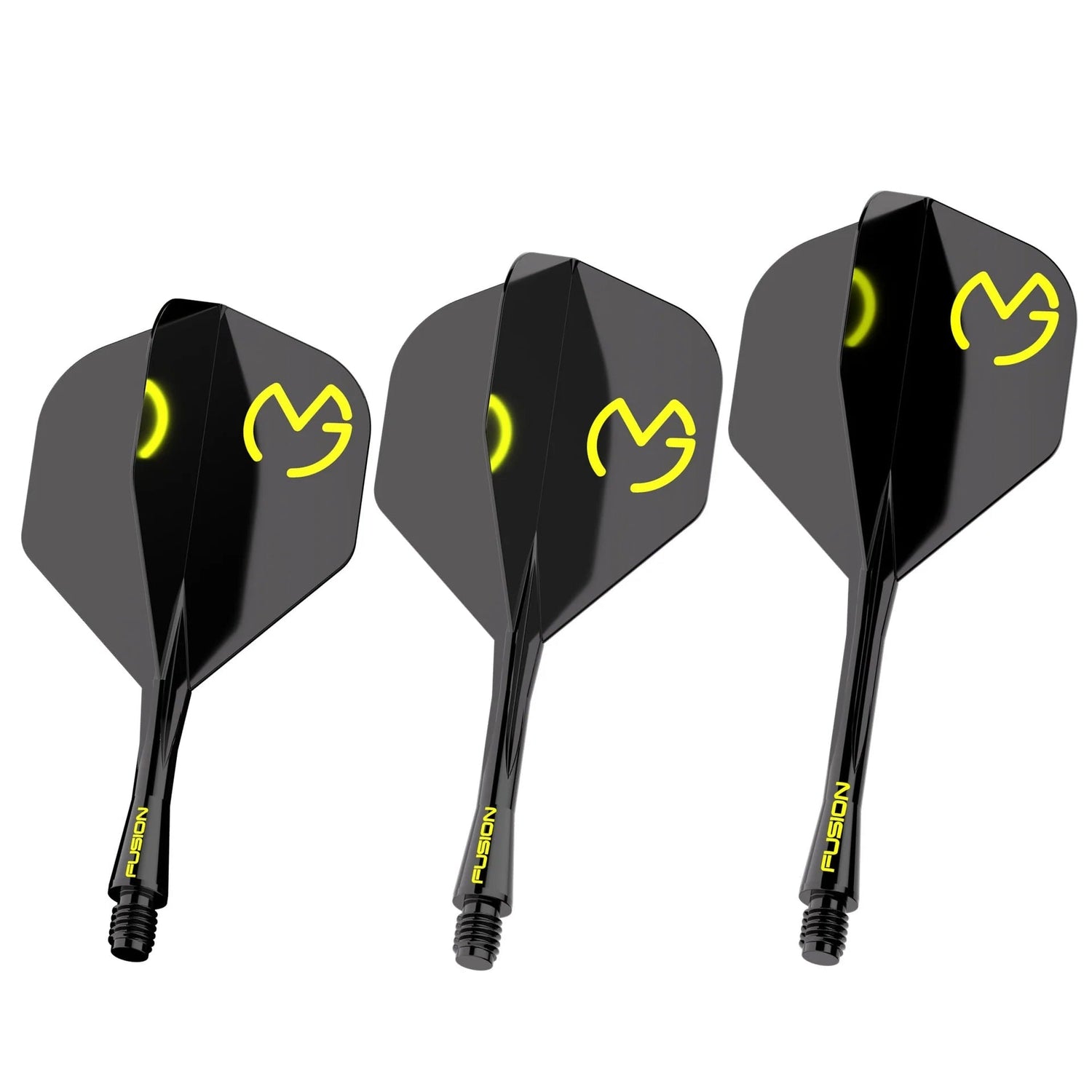 Set of three black No.2 dart flights with yellow MVG logo, Fusion shafts, displayed on white background for darts setup