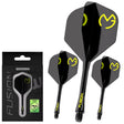 Black No.2 MVG Fusion dart flights with yellow logo on shafts, set of three displayed alongside branded retail packaging, isolated on white