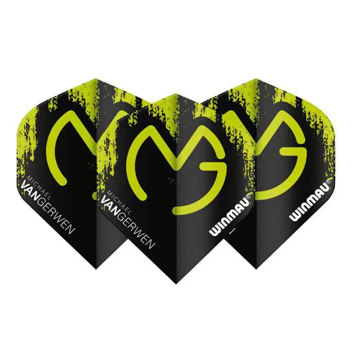 Three MVG green and black standard dart flights arranged side by side, highlighting bold logo and durable shape for dart players