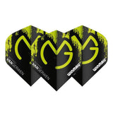 Three MVG green and black standard dart flights arranged side by side, highlighting bold logo and durable shape for dart players