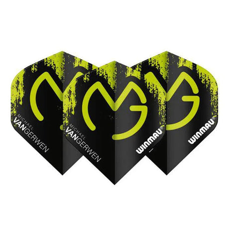 Three MVG green and black standard dart flights arranged side by side, highlighting bold logo and durable shape for dart players