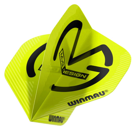 Close-up angled view of mega standard dart flight in neon green with black MVG design, isolated on white, showing shape and graphics.