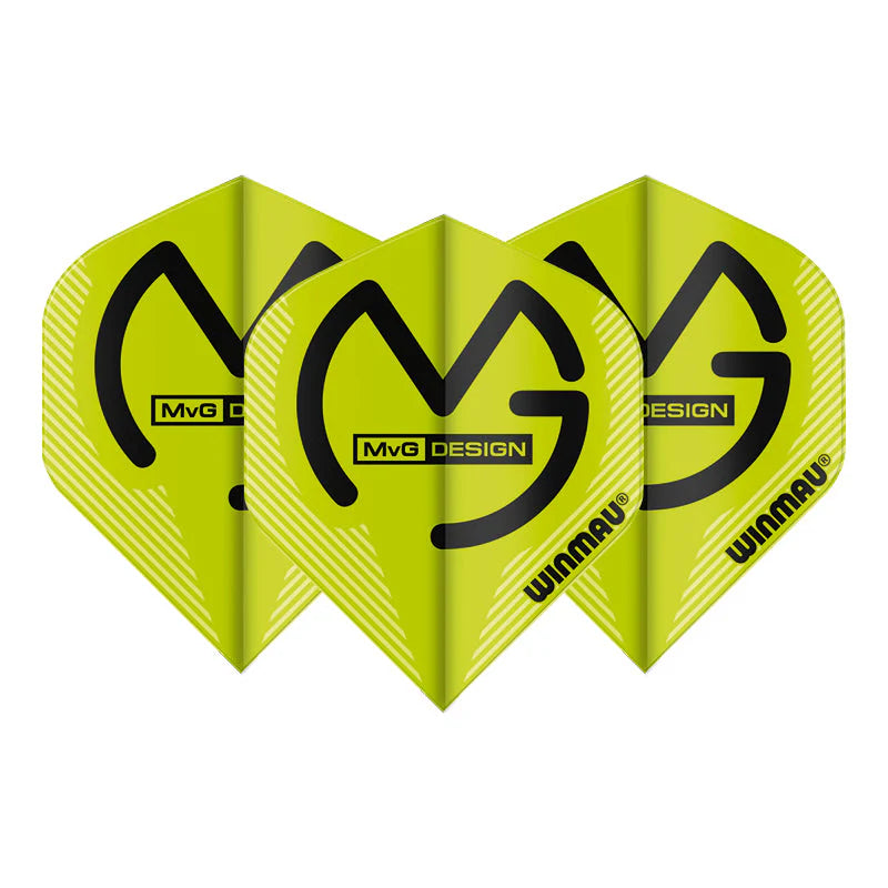 Three MVG green and black standard dart flights displayed front-facing on white background, highlighting bold graphic design for darts