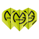 Three MVG green and black standard dart flights displayed front-facing on white background, highlighting bold graphic design for darts