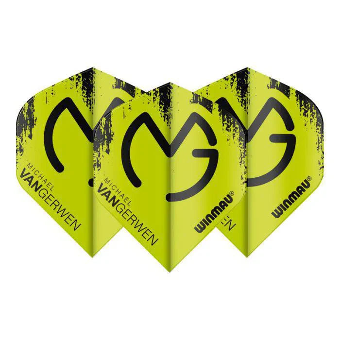 Three MVG Green Mega Standard dart flights fanned out, bold black logo on neon green, isolated on white