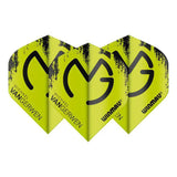 Three MVG Green Mega Standard dart flights fanned out, bold black logo on neon green, isolated on white