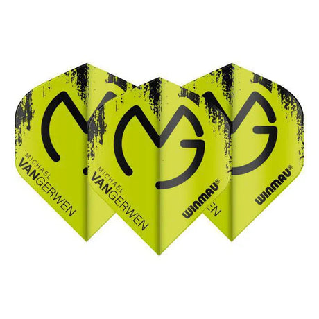 Three MVG Green Mega Standard dart flights fanned out, bold black logo on neon green, isolated on white