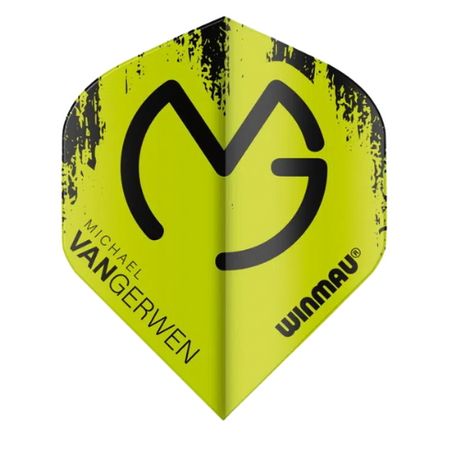 Mega standard dart flight in green with MVG logo, black stylized print, and 75 micron thickness, isolated on white background