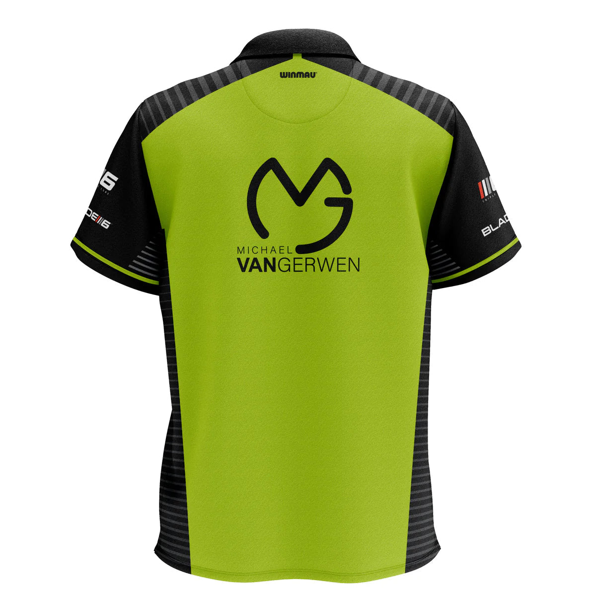 Back view MVG Pro Line 2024 Tour Darts Shirt with large logo, black and green color, isolated on white for darts apparel buyers