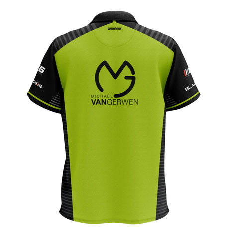 Back view MVG Pro Line 2024 Tour Darts Shirt with large logo, black and green color, isolated on white for darts apparel buyers