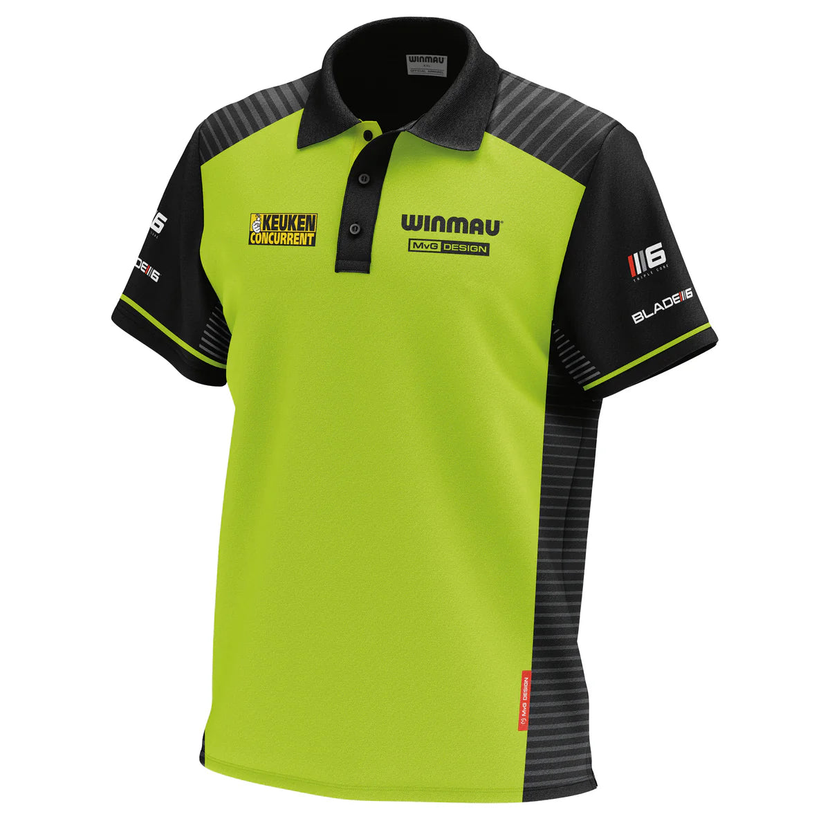 Angled view of MVG Pro Line Tour darts shirt in lime green and black with sponsor logos, isolated on white background