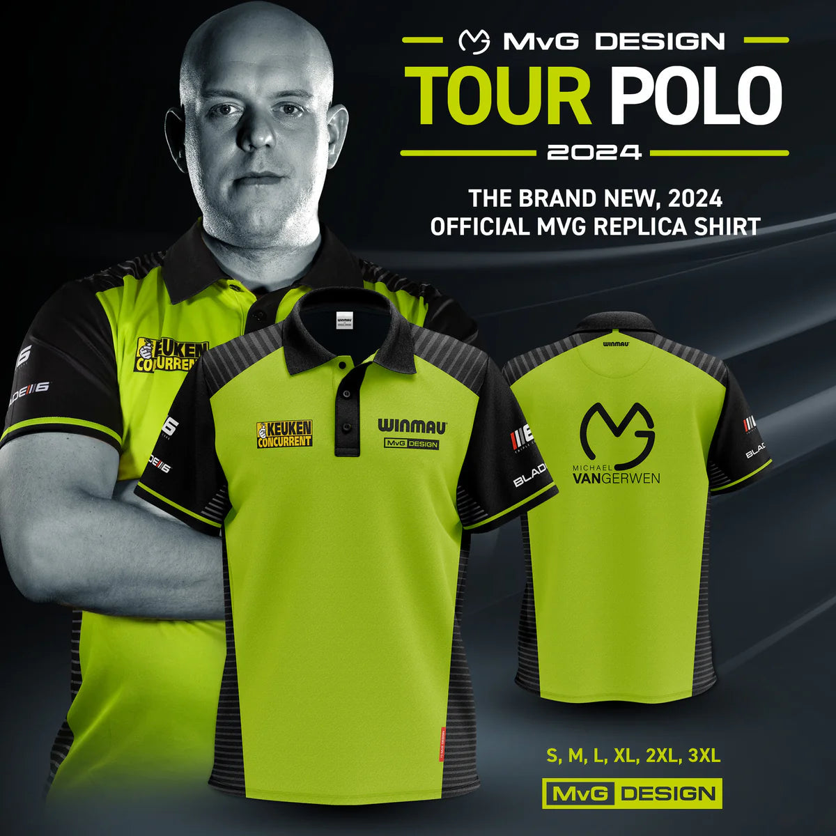 Front and back views of MVG Pro Line 2024 Tour Darts Shirt, neon green with black panels and sponsor logos, dart shirts display