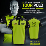 Front and back views of MVG Pro Line 2024 Tour Darts Shirt, neon green with black panels and sponsor logos, dart shirts display