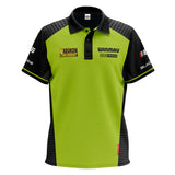 Full front view MVG Pro Line 2024 Tour Darts Shirt, neon green and black, logos and sponsor details on white background