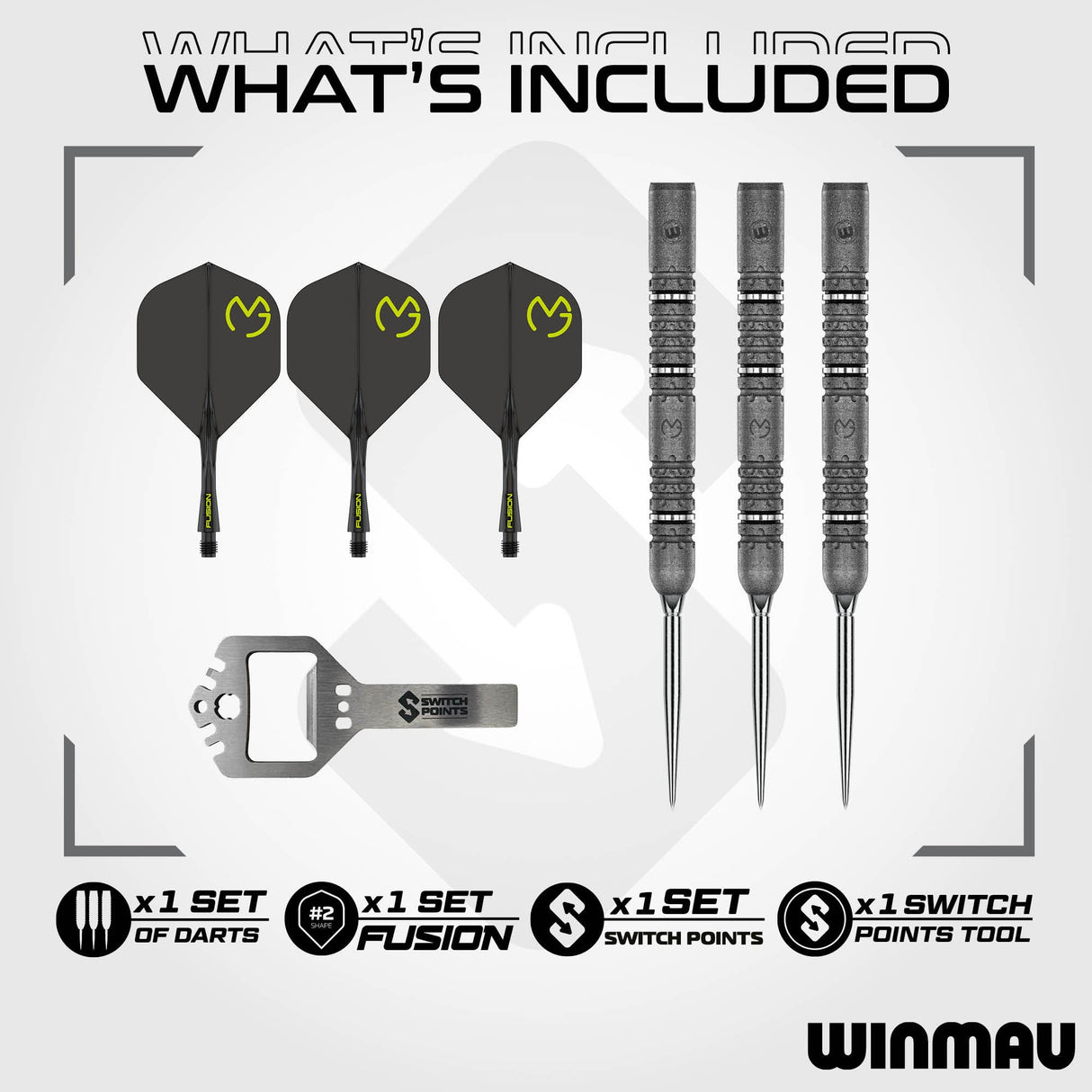 What is included: one set of darts, one set of Fusion flights, one set of Switch Points and a Switch Point tool