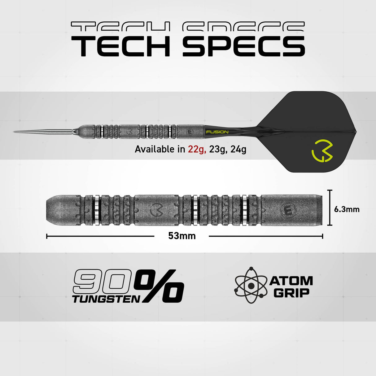 MvG Signature Edition tech specs: 6.3mm x 53mm barrel, 90% tungsten, atom grip, available in 22g, 23g and 24g