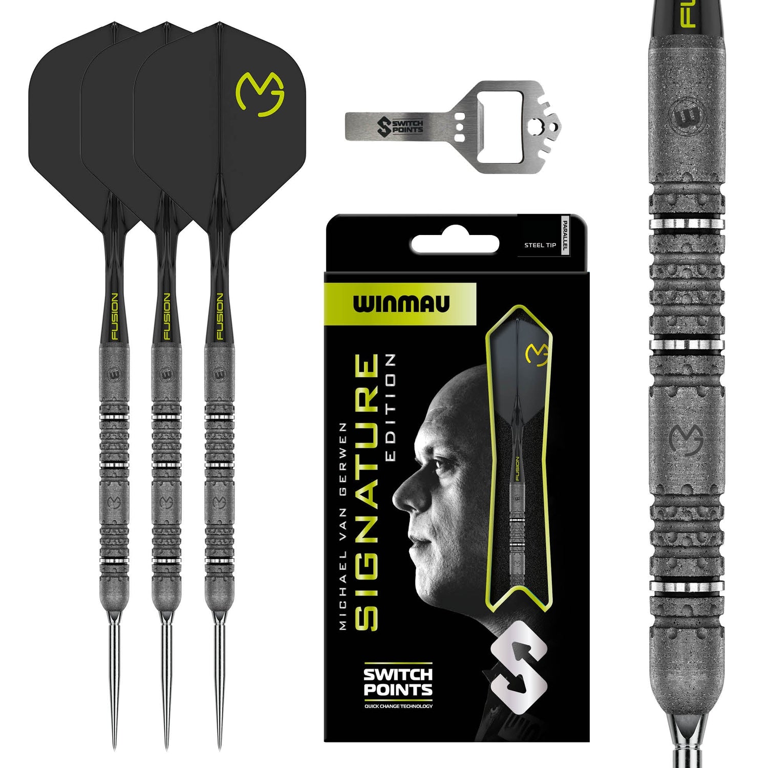 Winmau MvG Signature Edition SP 90% tungsten darts with Fusion flights, Switch Points and retail packaging