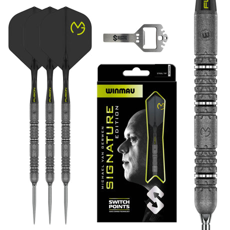 Winmau MvG Signature Edition SP 90% tungsten darts with Fusion flights, Switch Points and retail packaging