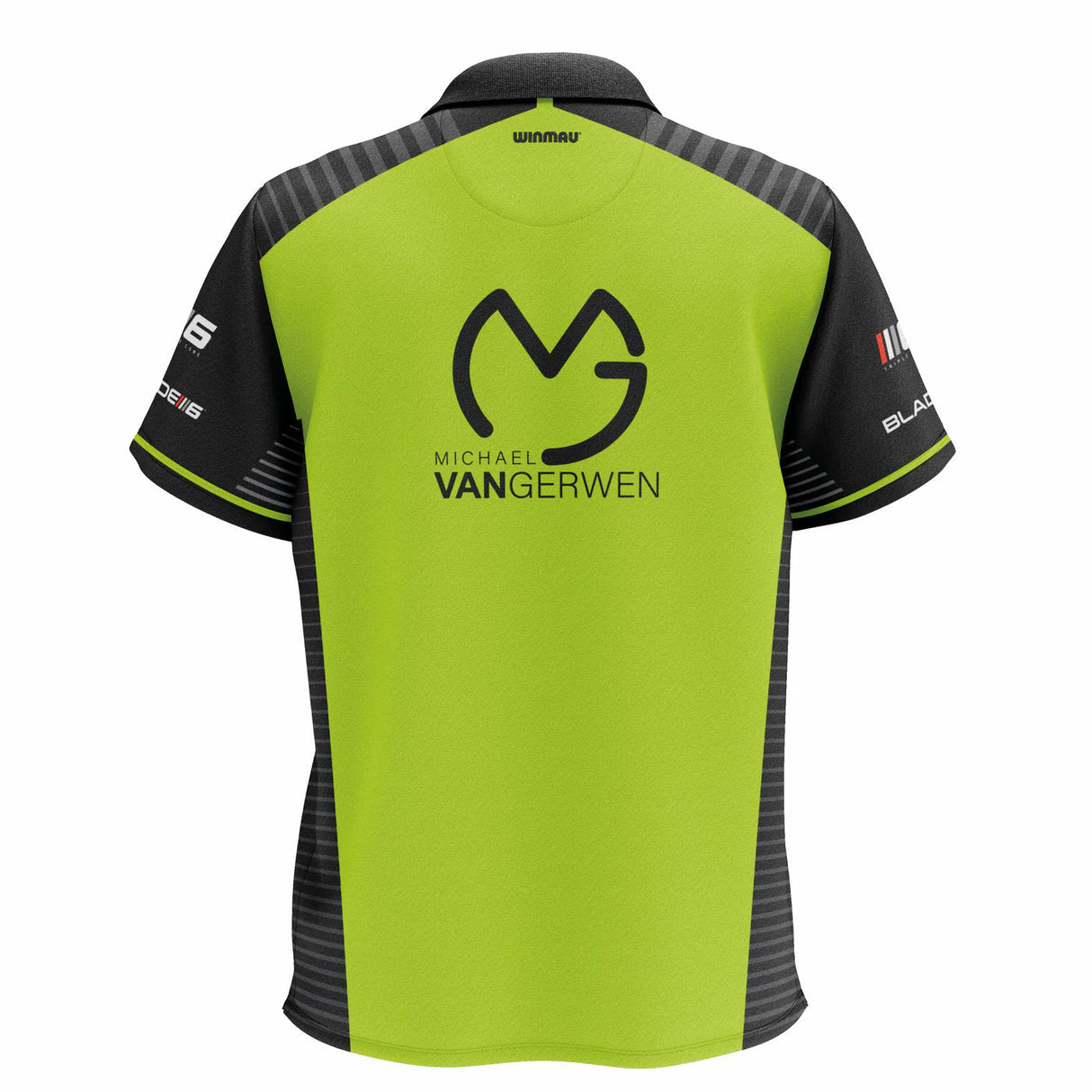 Back view of MVG Tour 2024 darts shirt isolated on white, featuring large MVG logo and Michael van Gerwen name design.