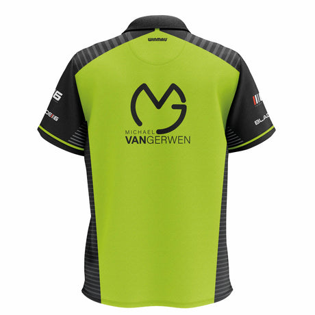 Back view of MVG Tour 2024 darts shirt isolated on white, featuring large MVG logo and Michael van Gerwen name design.
