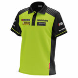 Angled view of MVG Tour 2024 darts shirt with black collar, lime green front, sponsor logos, and striped sleeves on white background