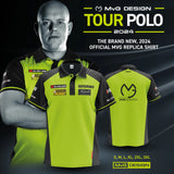 Front and back view of MVG Tour 2024 darts shirt in green with sponsor logos, displayed with a model wearing the shirt.
