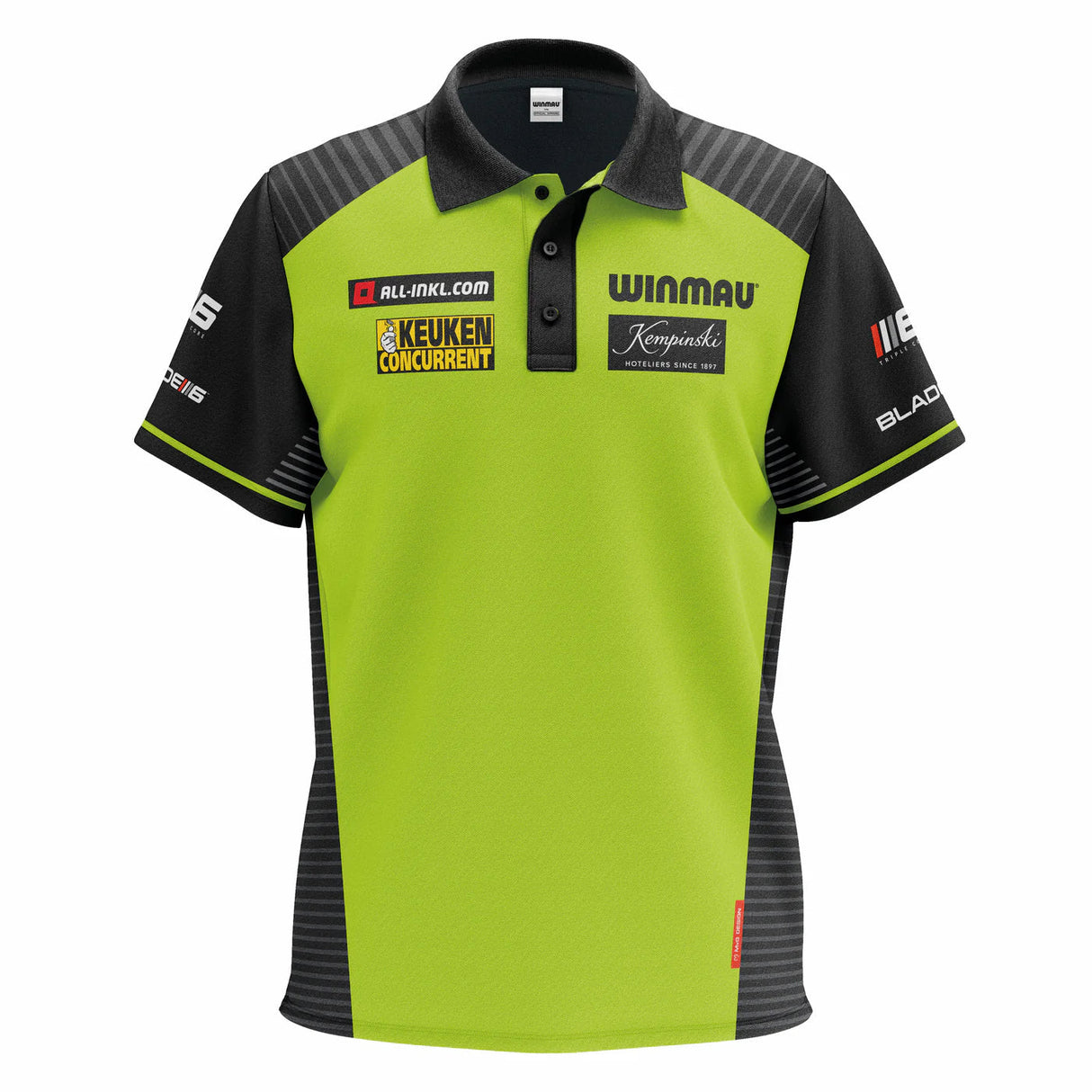 Full front view MVG Tour 2024 darts shirt lime green and black, sponsor patches, polo collar, isolated on white background
