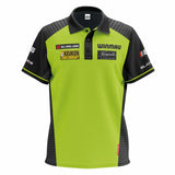 Full front view MVG Tour 2024 darts shirt lime green and black, sponsor patches, polo collar, isolated on white background