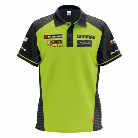 Full front view MVG Tour 2024 darts shirt lime green and black, sponsor patches, polo collar, isolated on white background