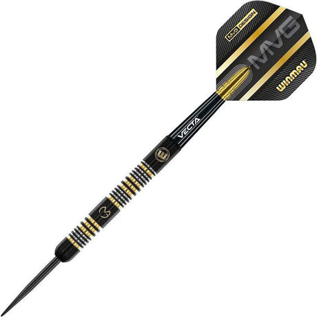 Angled full view tungsten dart with black and gold grip rings, Vecta shaft, and MVG-branded flight on white background
