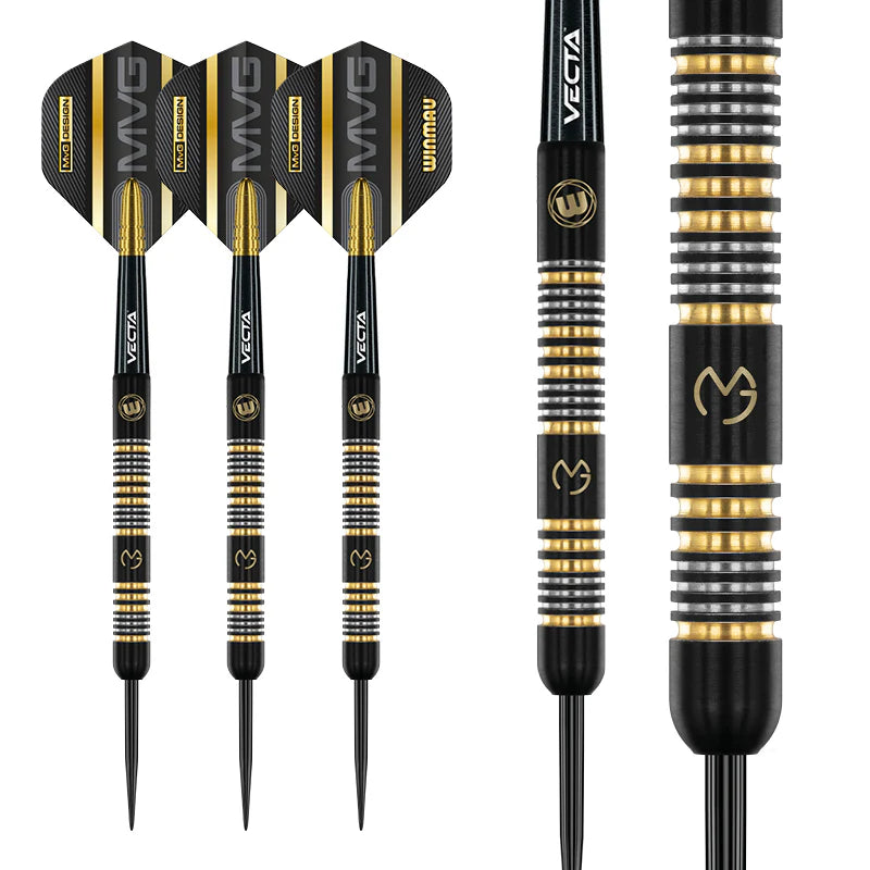 Trilogy 90% tungsten darts set in black and gold, macro detail on precision grip barrels and MVG logo, isolated on white background