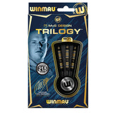 Three 90 percent tungsten steel-tip darts in retail packaging, weight 21.5g, with black and gold grip design, top-down product display