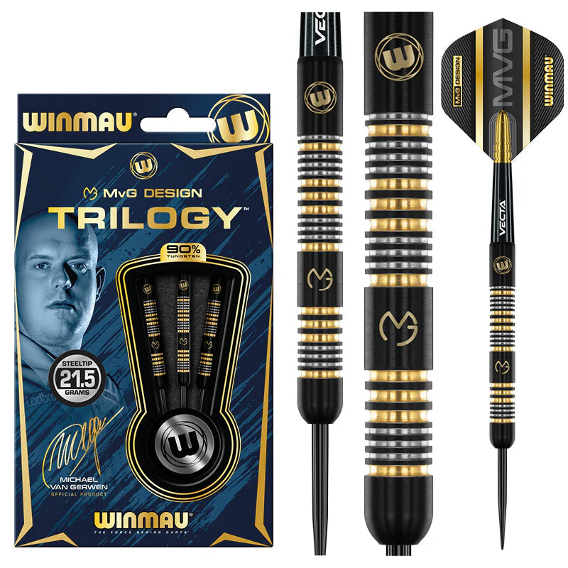 Steel tip tungsten darts set shown in packaging and close-up, highlighting gold ring grip and MVG flight design for precision play