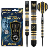 Steel tip tungsten darts set shown in packaging and close-up, highlighting gold ring grip and MVG flight design for precision play