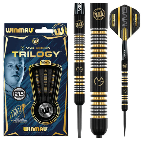 Steel tip tungsten darts set shown in packaging and close-up, highlighting gold ring grip and MVG flight design for precision play